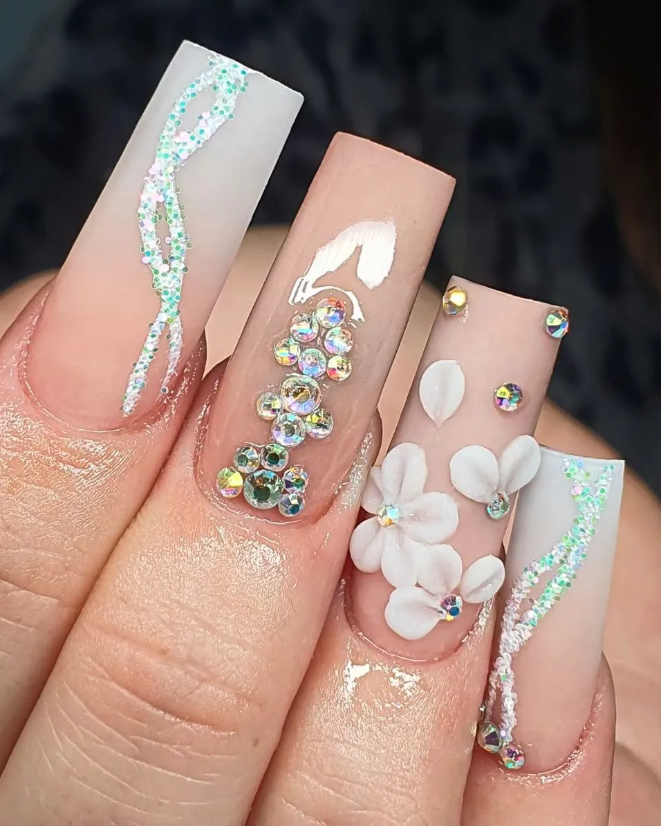 Cute White Acrylic Nails with Design