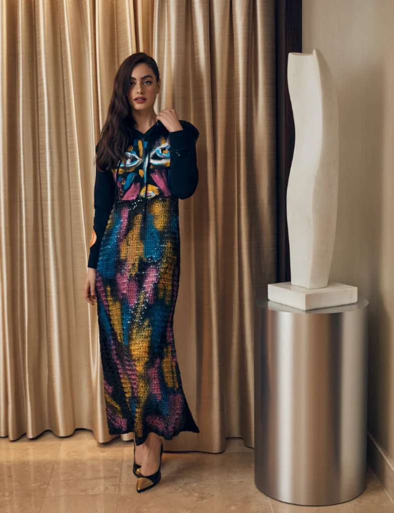 Yael Shelbia wearing Foxylab New York colorful artistic print maxi dress.