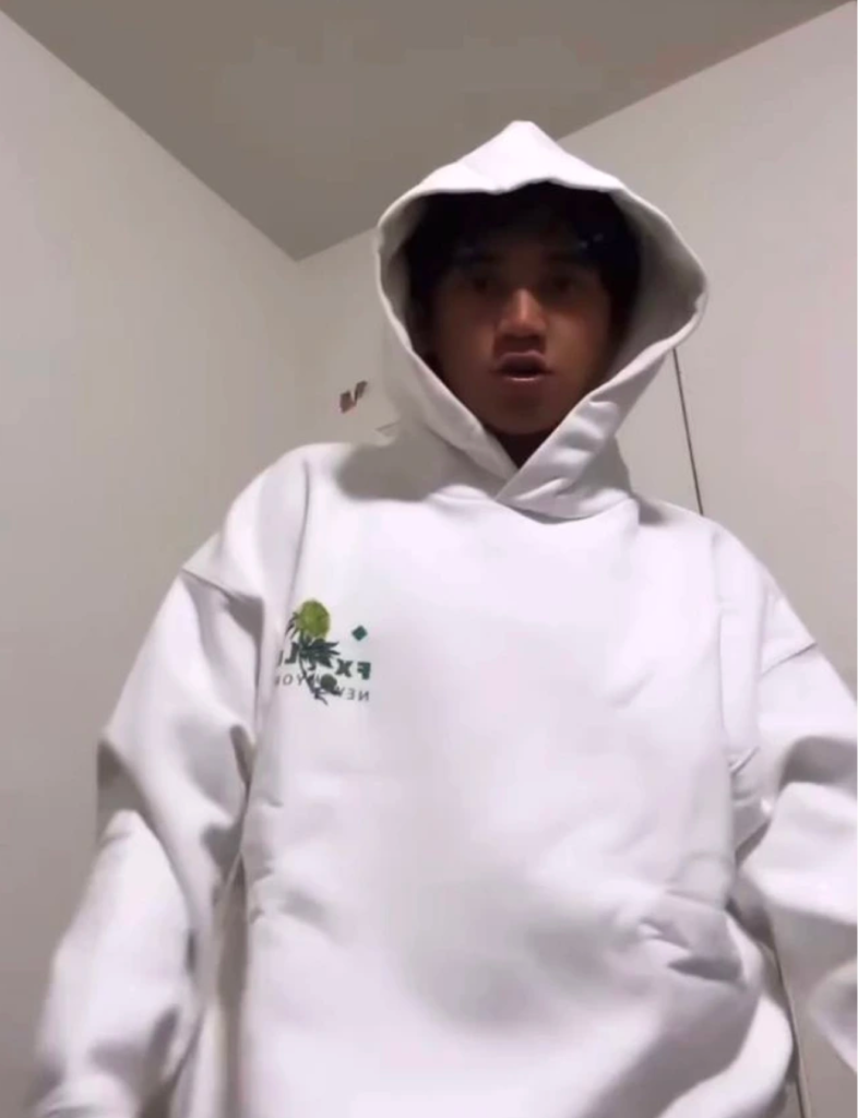 Khaycee Lynch wearing Foxylab New York oversized white hoodie with embroidered detail.