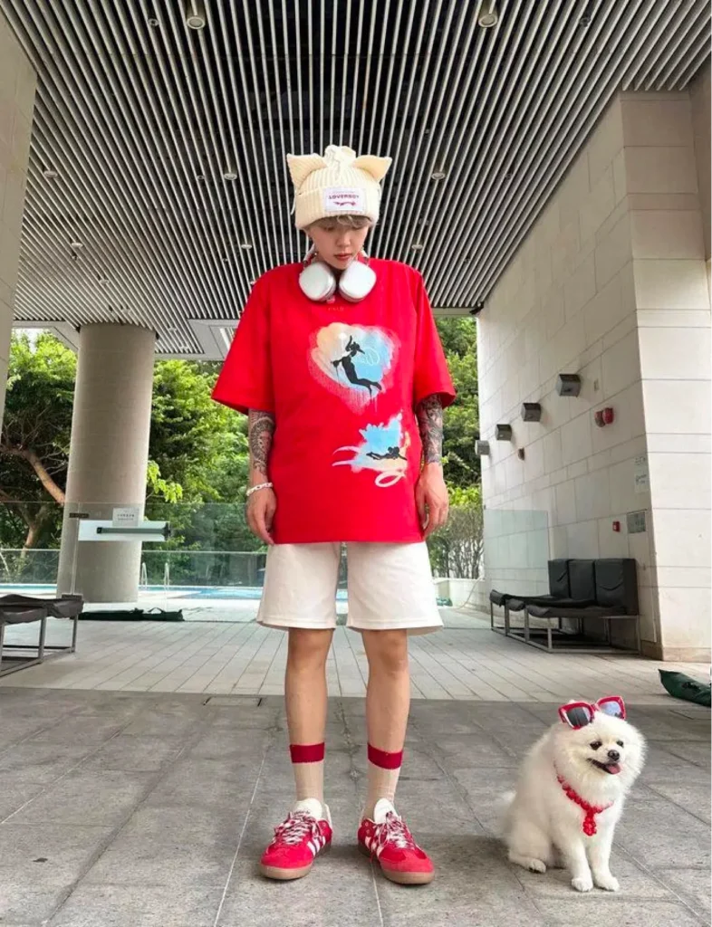 Yeung K C Milk in Foxylab New York red oversized streetwear t-shirt with graphic print.