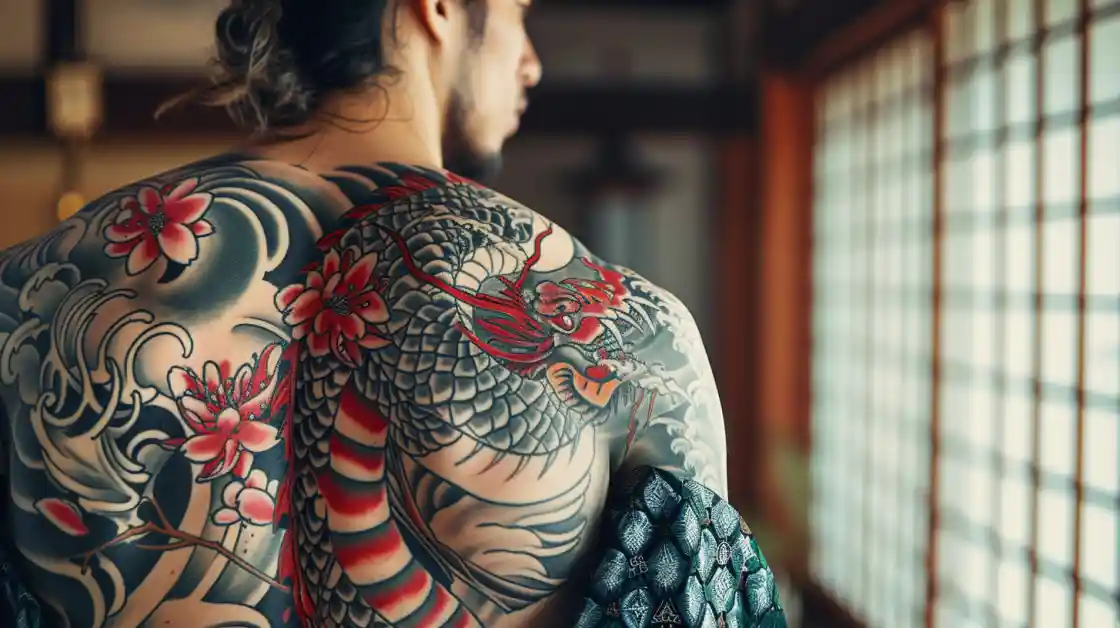 It's showing the back of a man with a full Japanese Tattoo.