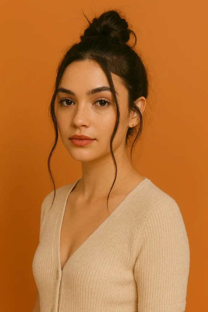 A messy bun with face-framing strands works as a hairstyle.