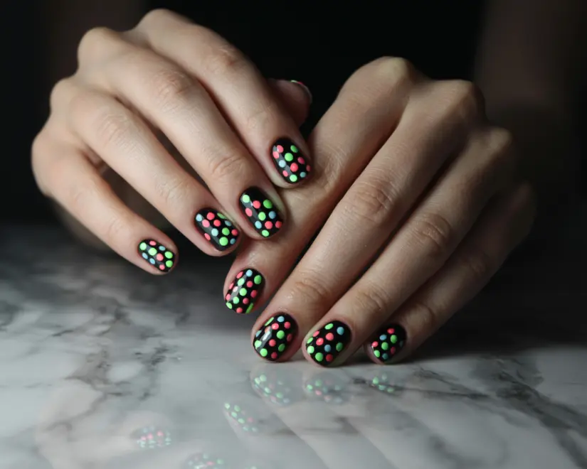 Neon Polka Dots nail desing