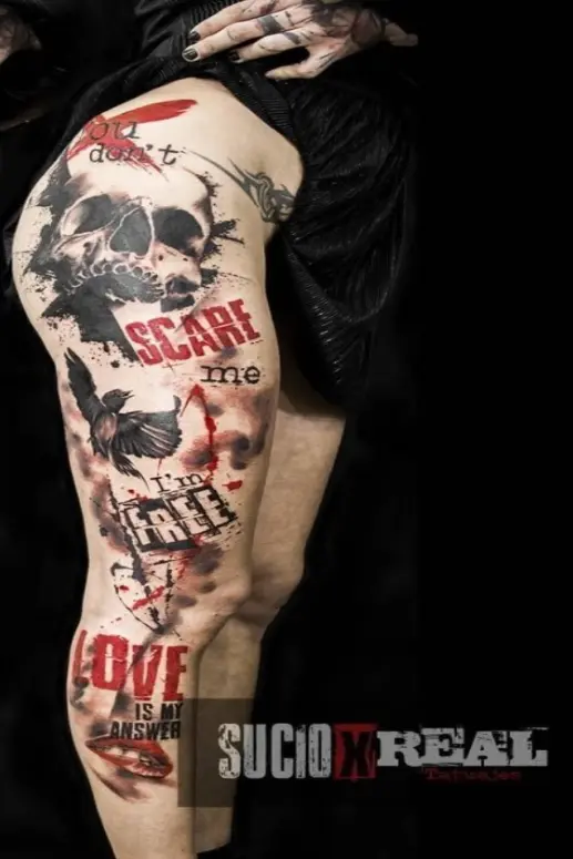 Trash Polka Tattoos Theigh and legs placement