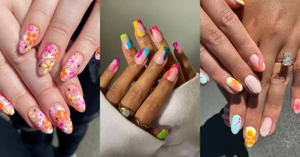 Colorful summer nail designs with floral and abstract patterns in bright hues