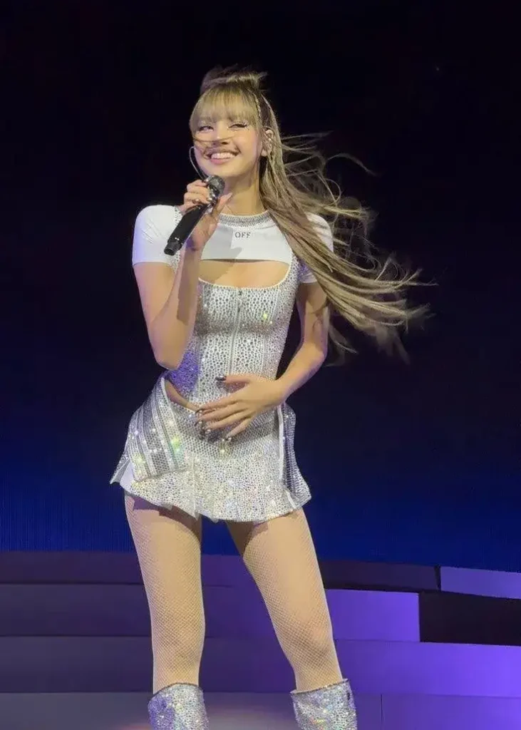 kpop singer performing on stage with cool glittery shinny outfit.