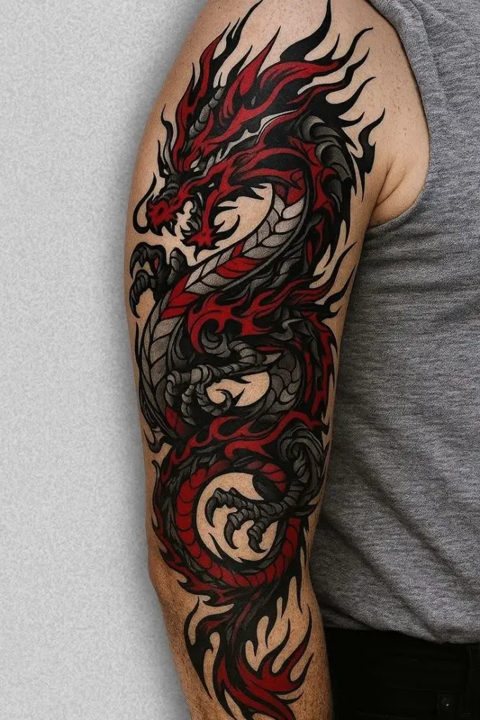 Red and black dragon tattoo on a man's arm.