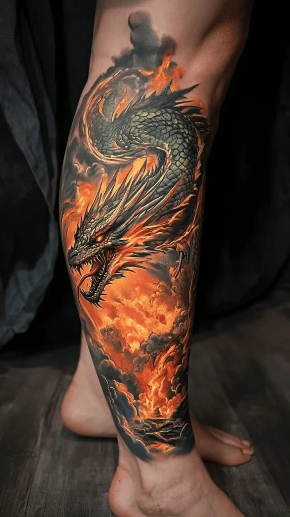 A realistic, large dragon tattoo with red fire, covering a man's chest and stomach.