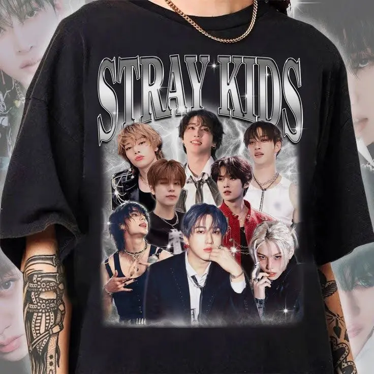 kpop singers group images on a fan tshirt.