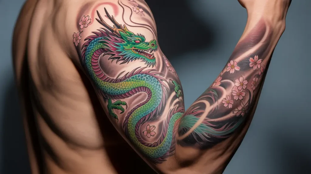 Vibrant green dragon tattoo with cherry blossoms on an arm.