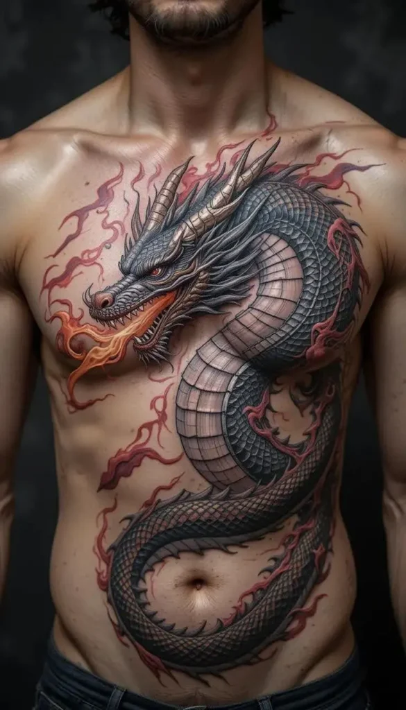 Red and black dragon tattoo on a man's arm.