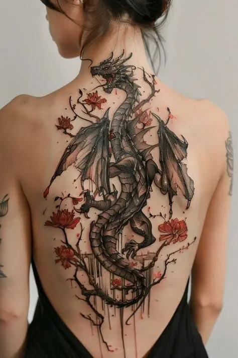 A large black dragon with red flowers tattooed on a woman's back.