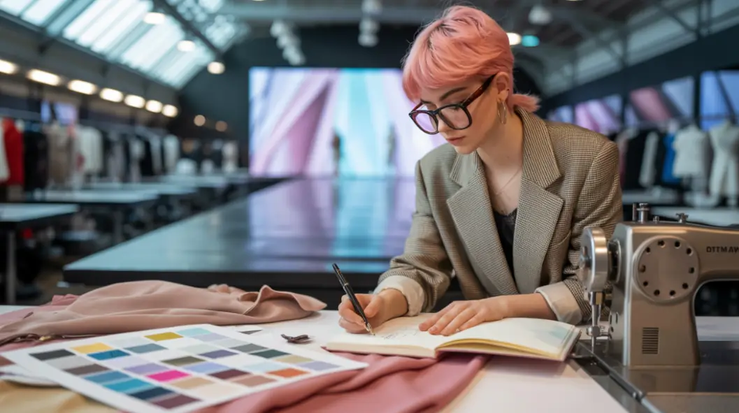 Fashion student working on designs at a sewing table in a modern design school