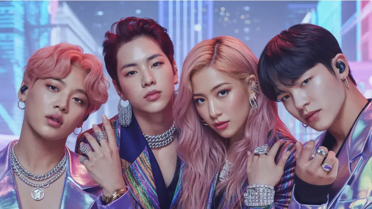 kpop singers wearing trendy outfits.