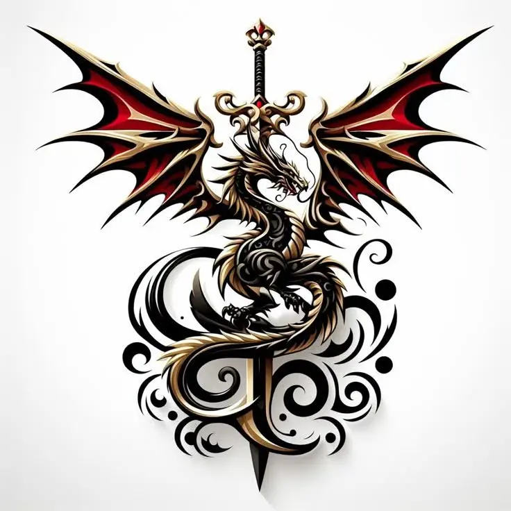 A black and gold tribal dragon with red wings wrapped around a sword.