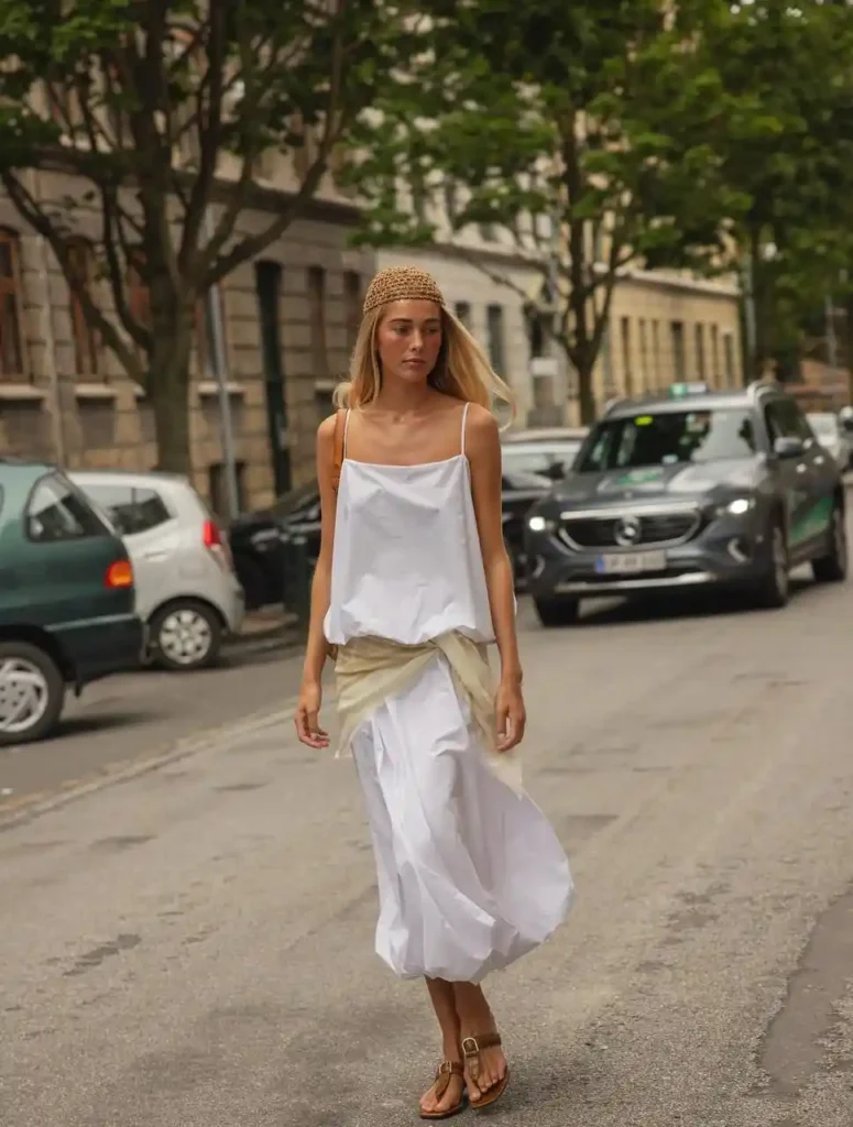 Street style elegance featuring a woman in a white dress with a golden headband, walking on a city street