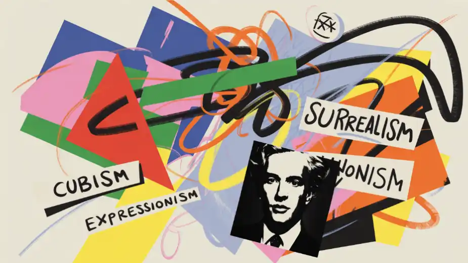 Modern art movements like Cubism, Expressionism, Surrealism, and Dadaism, with Warhol's portrait.