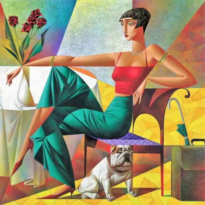Modern art featuring a woman in red and green, sitting with a bulldog in a vibrant, geometric style.