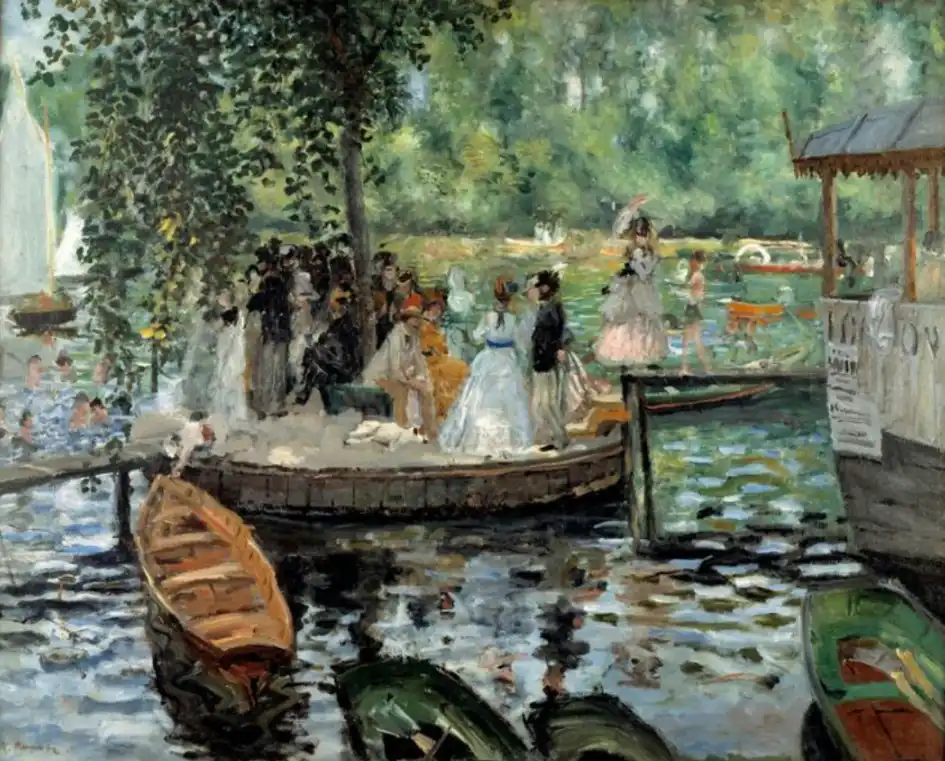 Impressionist painting of people by a river, with boats and light reflections on the water.