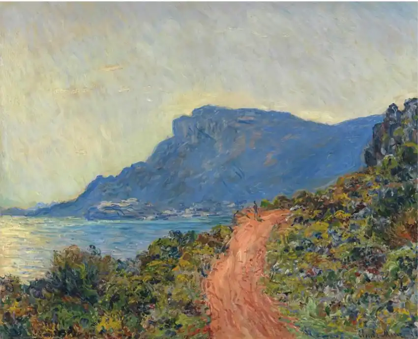 Impressionist landscape painting depicting a scenic coastal path with soft light and vibrant colors.