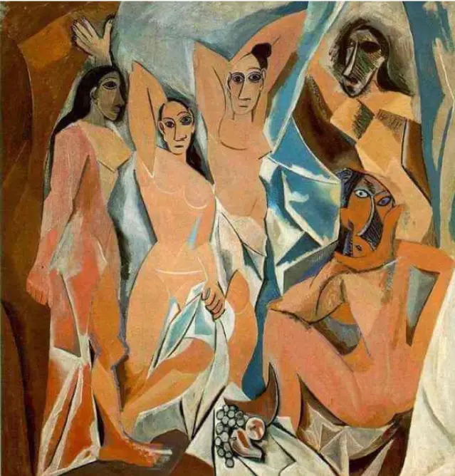 Cubist artwork by Picasso, featuring fragmented figures and abstract forms from multiple angles.