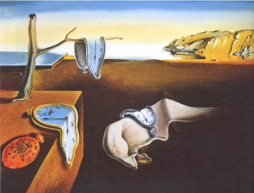 Surrealist painting by Dalí with melting clocks, representing time's fluidity and the subconscious.