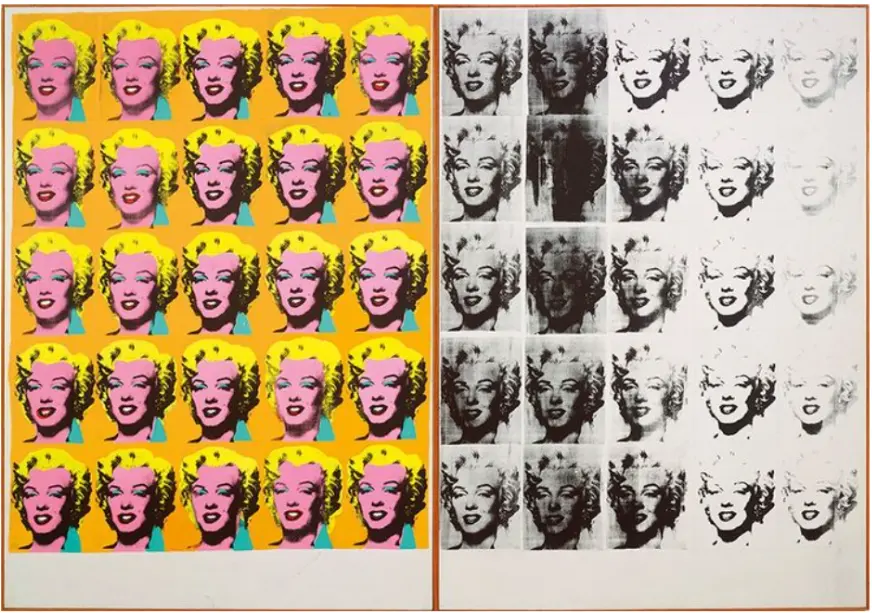 Pop art depiction of Marilyn Monroe in vibrant colors, showcasing repetition and mass media influence.