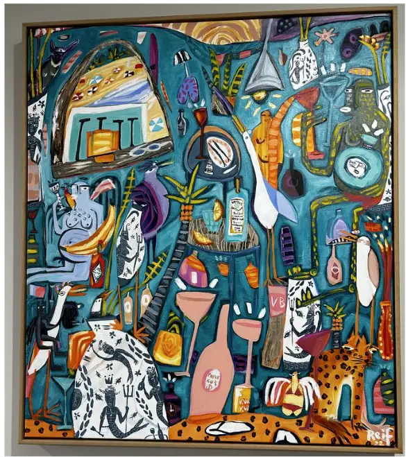 A vibrant modern artwork featuring abstract shapes, figures, and bright colors, reflecting diverse artistic expressions and styles.