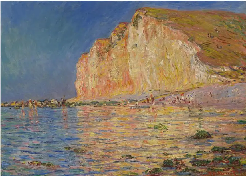 Impressionist painting capturing a coastal scene with vibrant reflections of cliffs and figures by the water.