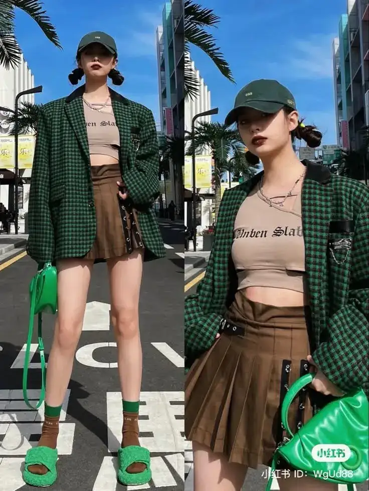 female wearing pastel soft street style kpop inspired skirt and holding a bag in hand.