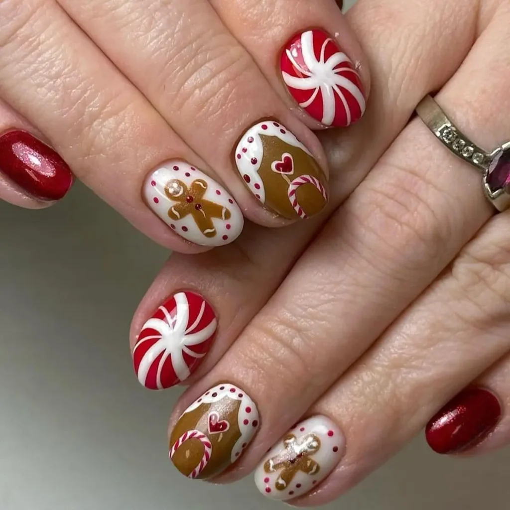 A female hand showing festive nails art.