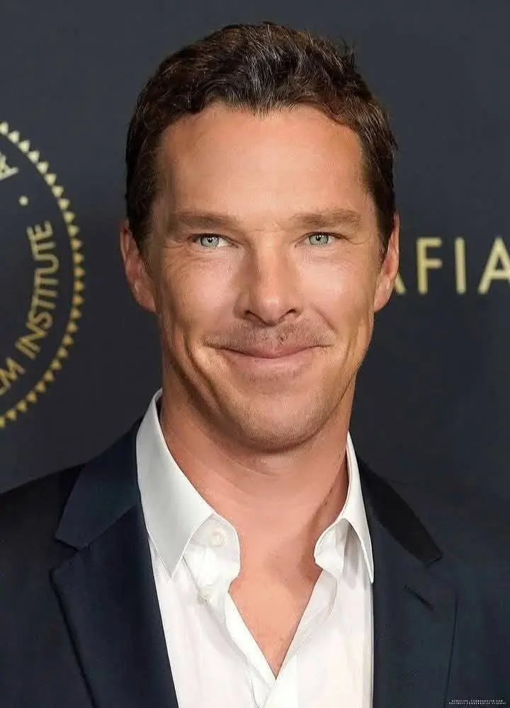 A close-up of Benedict Cumberbatch with a unique, slender face shape and a slight smile.