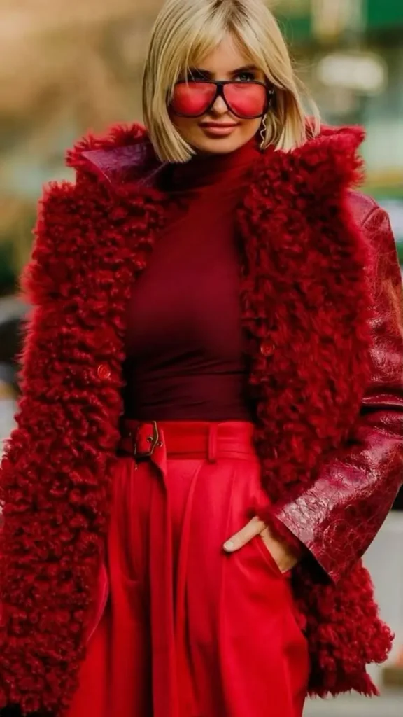 A woman in a vibrant red monochrome outfit, featuring a textured coat, a turtleneck, and wide-leg pants.
