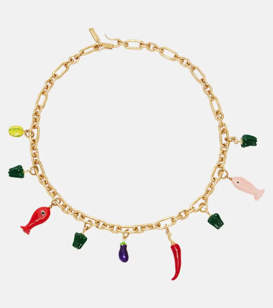 A charm necklace with a white flat background.