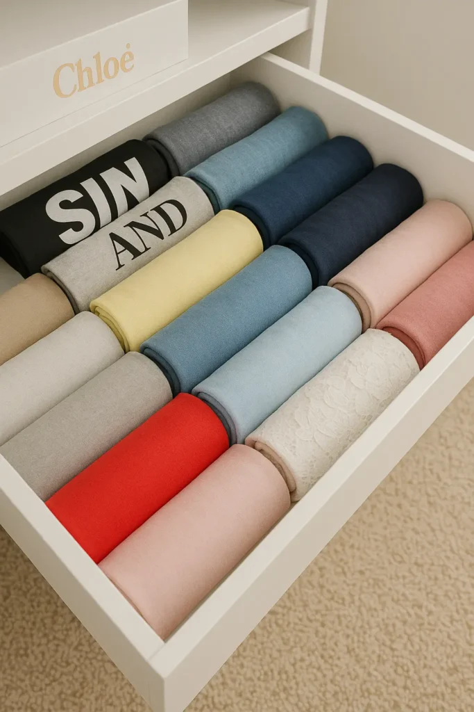 A white drawer filled with rows of neatly rolled clothing in various colors.