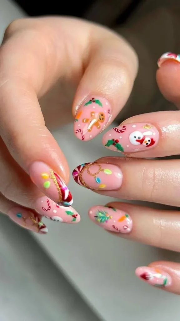A female hand showing nails with festive Christmas nail art.
