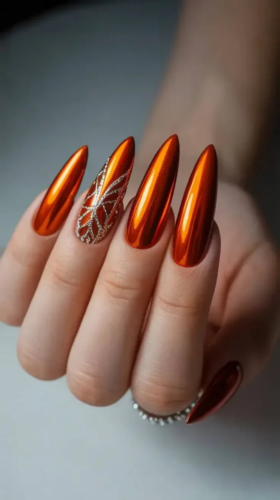 A female hand showing chrome nails idea.