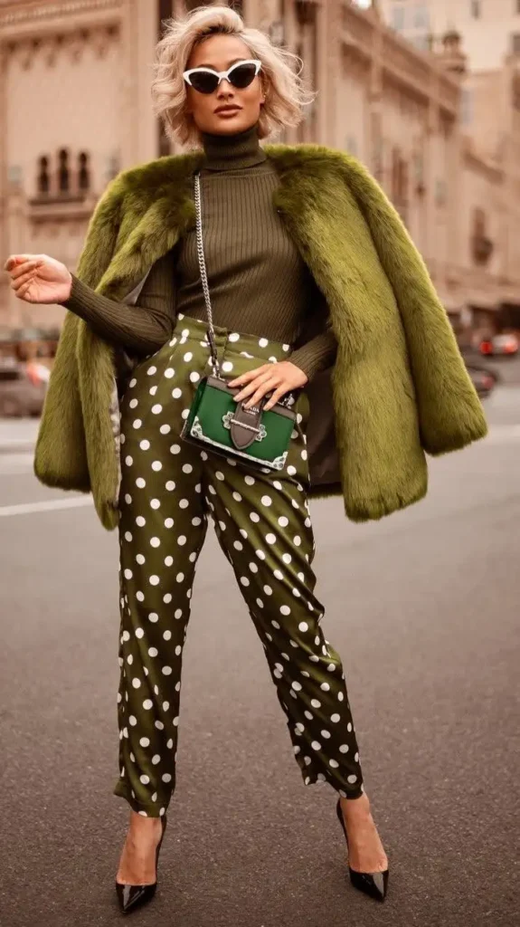 A woman wearing an olive green turtleneck, an oversized green fur coat, and green polka dot pants.