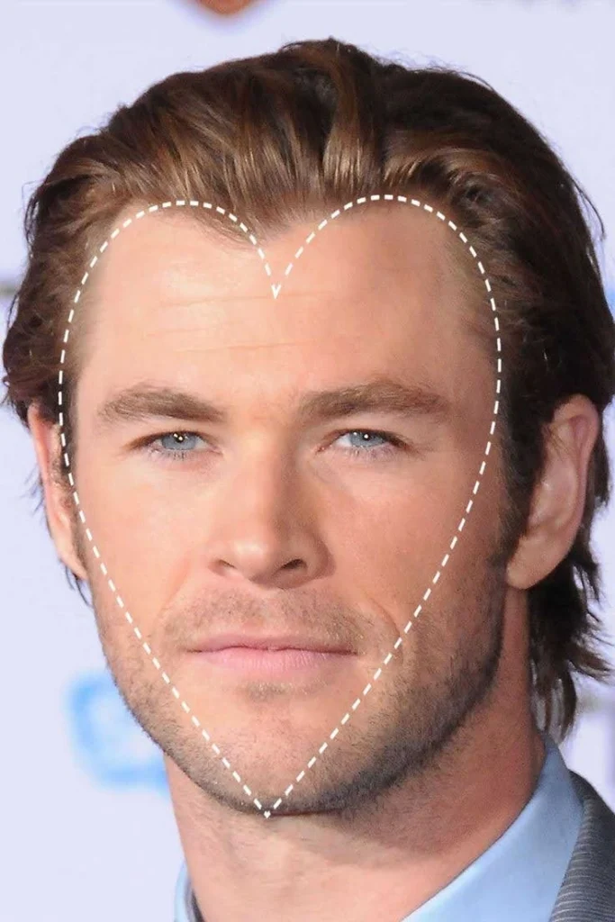 A close-up of Chris Hemsworth, with a dashed heart highlighting his heart face shape.