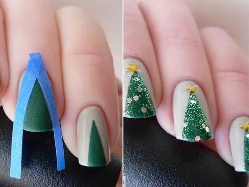 A female hand showing how to draw nail design with tape.