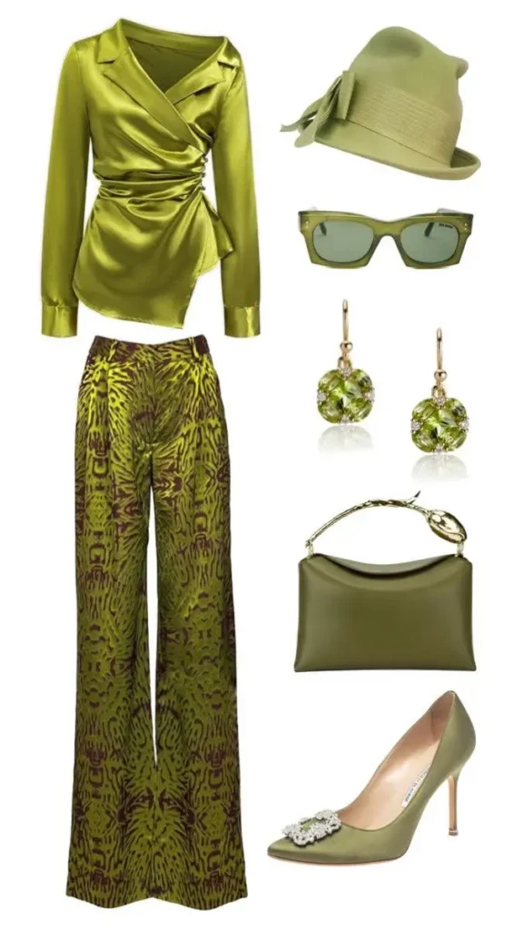 A flat lay of a green monochromatic outfit with a silky top, patterned pants, a hat, sunglasses, a bag, earrings, and heels.