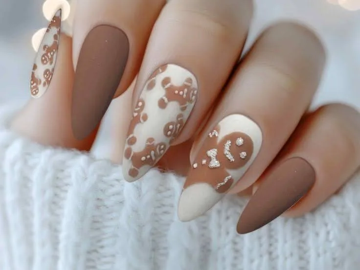 A female hand showing long nails with matte nail art.