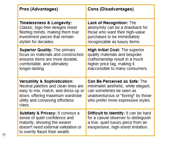 Detailed pros and cons of a quiet luxury or old money brand.