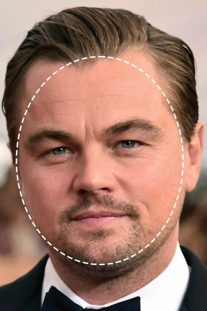 A close-up of Leonardo DiCaprio's face, with a white dashed circle highlighting his round face shape.
