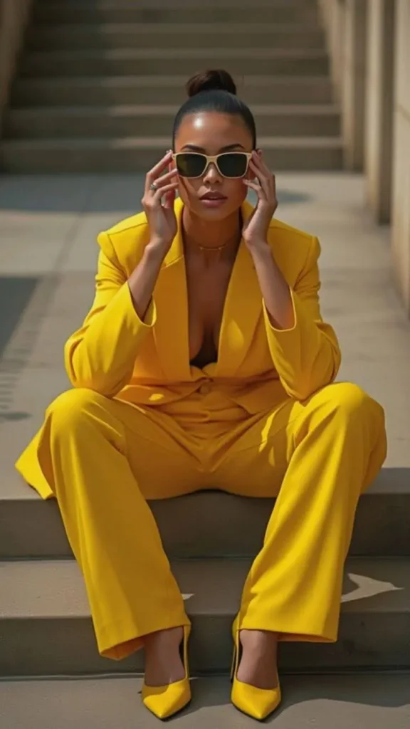 A woman wearing a bright yellow pantsuit and matching heels, sitting on stairs and adjusting her sunglasses.