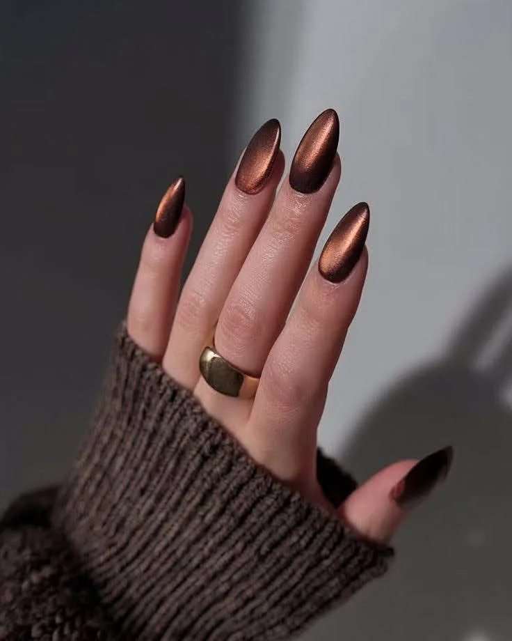 A female hand showing nails with cat eye nails idea.