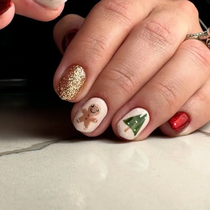 A female hand showing short nails with glitter nail art.