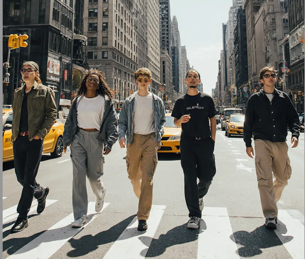 Five diverse people wearing various cargo pants outfits, walking across a busy city street.