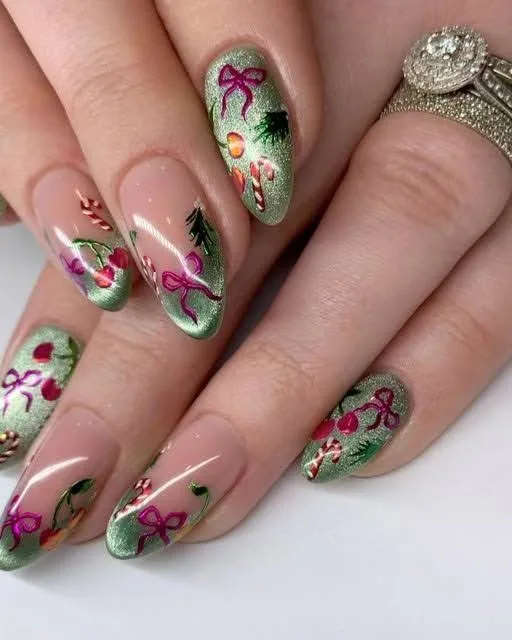 A female hand showing chrome nails idea.