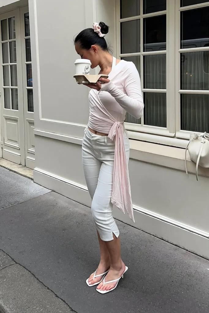 A girl wearing wrap top